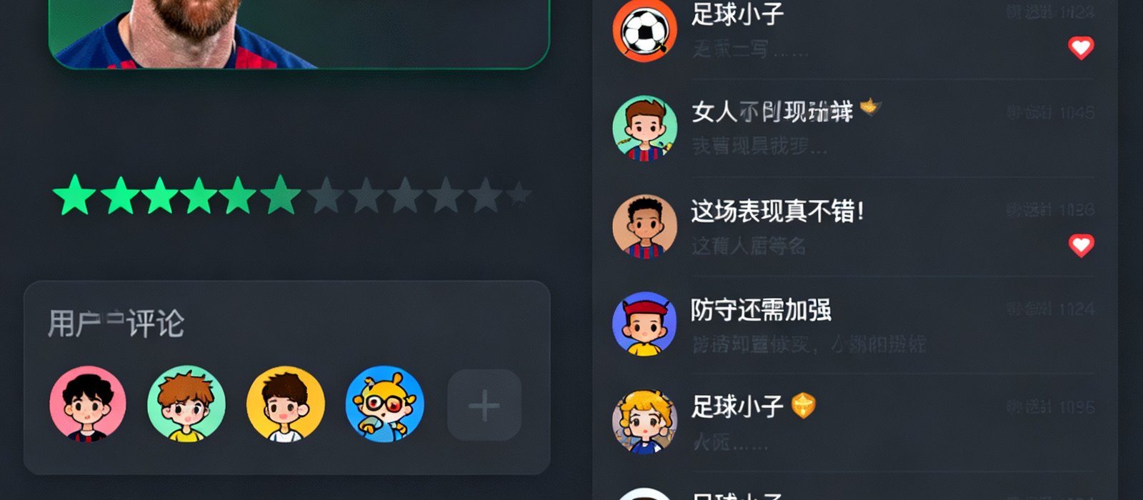 球迷社区赛后评分界面，展示球员评分卡片和用户评论列表，深色主题UI配绿色高亮评分星级，球迷头像和昵称多样化